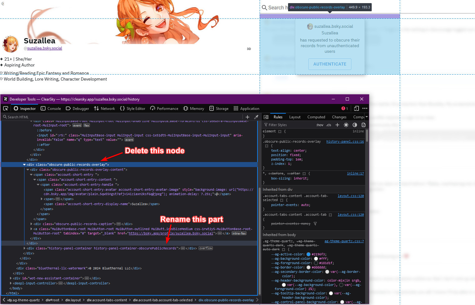 Suzalleas profile with devtools open